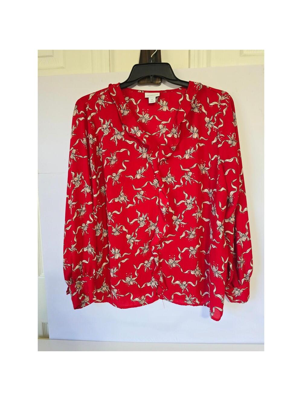 Liz Claiborne Red Floral Print Long Sleeve Blouse Top Womens XL